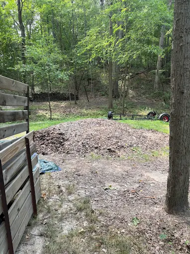 Large pile of leaves and yard debris beside a wooded property