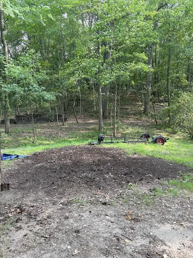 Cleared soil area beside woods with a small utility trailer nearby