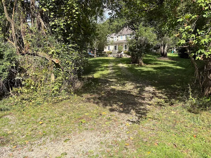 Cleared path through trimmed brush leading into a residential yard